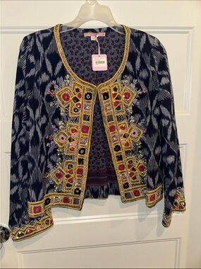 Calypso St. Barth Navy and Gold Embellished Open Jacket